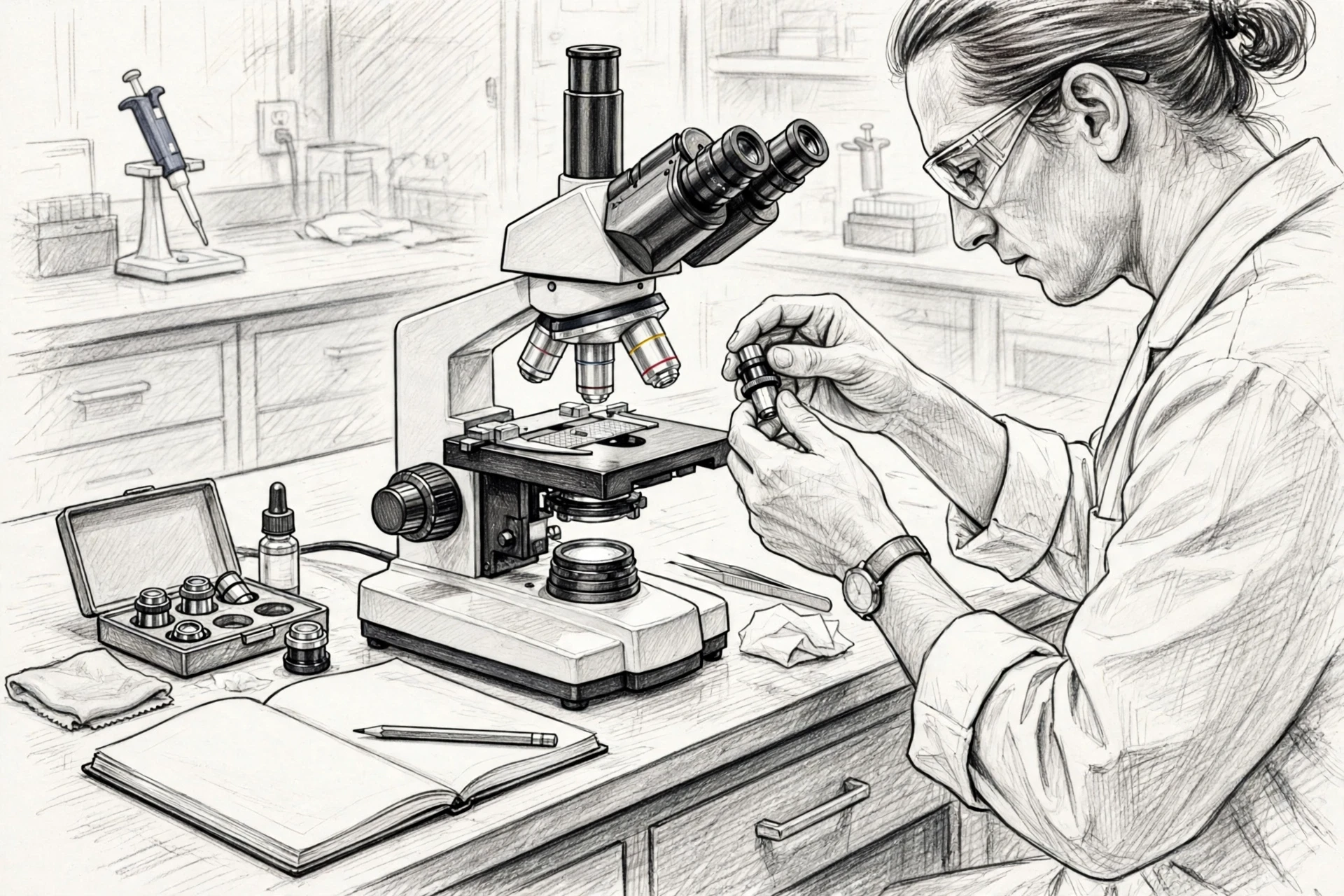 Technician swapping microscope objective lenses beside calibration notebook