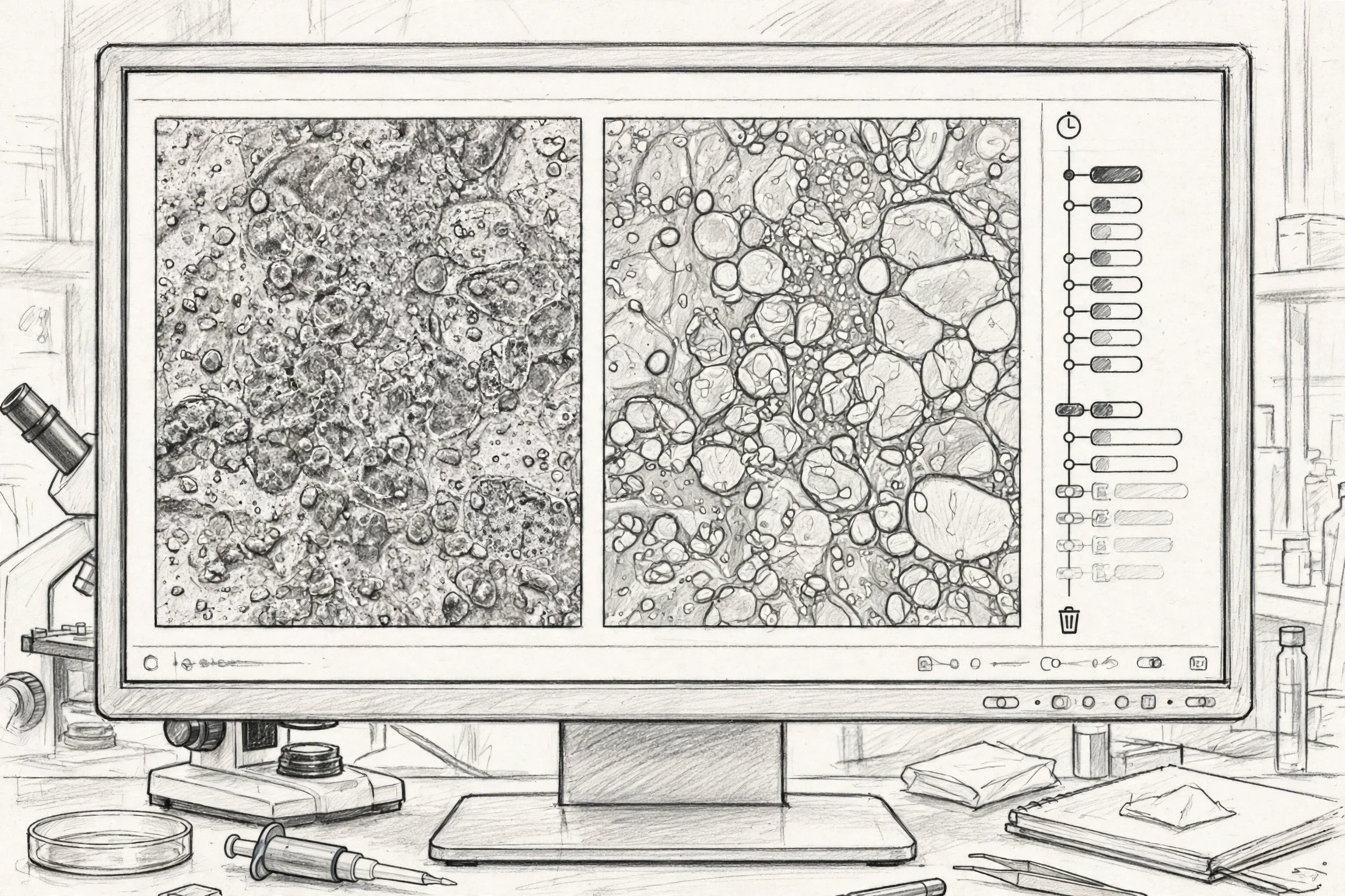 Microscope image versions beside a history log