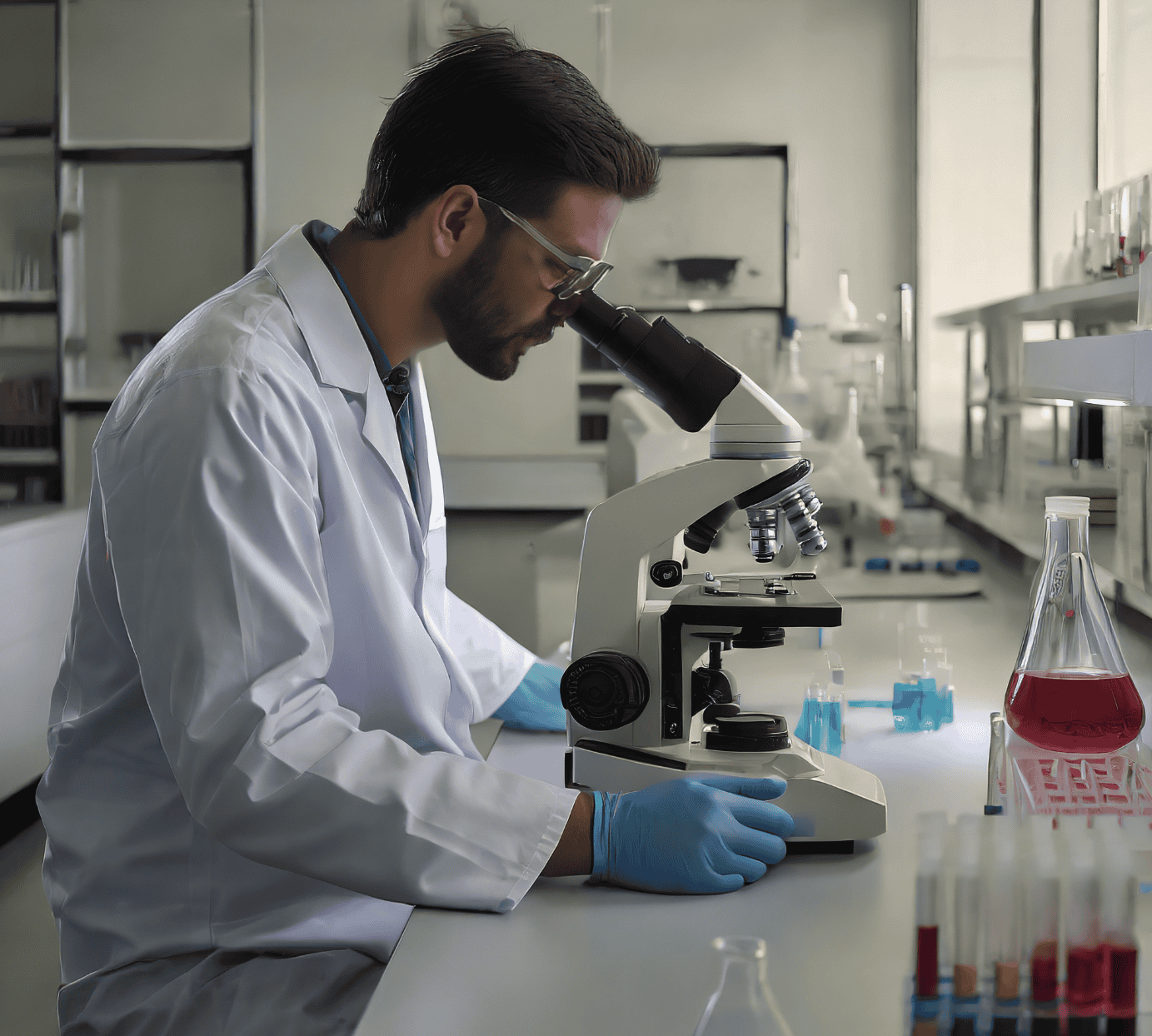 Lab tech working on a microscope