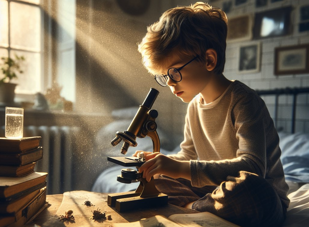 a child checking out specimens on his bed