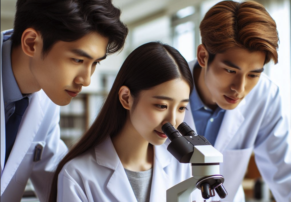 a team of med student working on a microscope