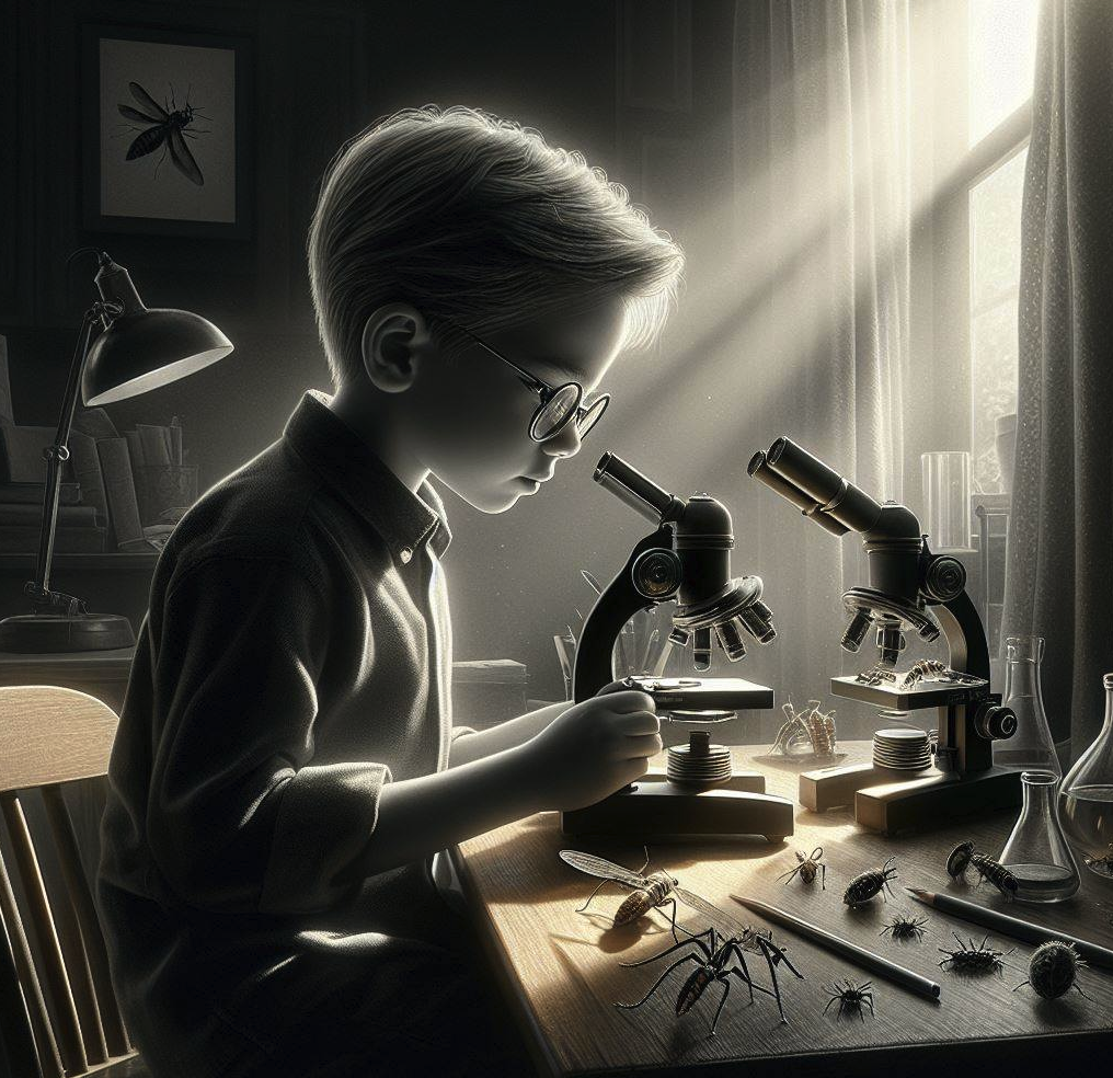 kid using stereo microscopes in his room