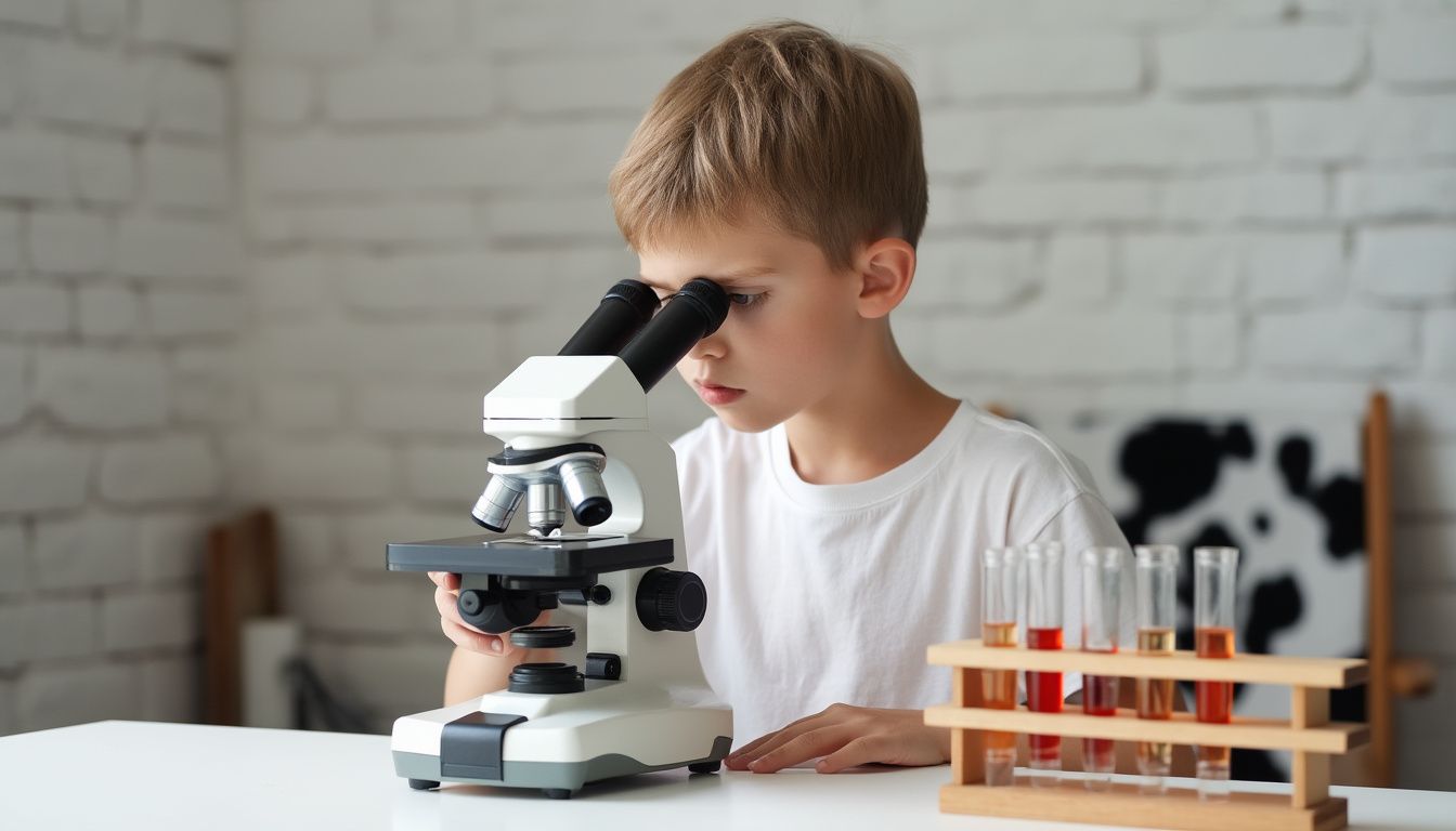 Young boy using a microscope